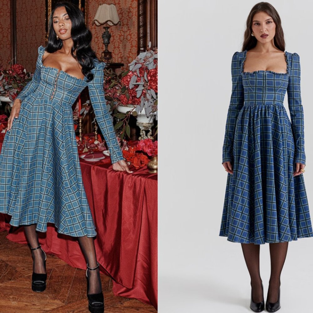 HOUSE OF CB 'Delia' Blue Tartan Midi Dress NWOT
